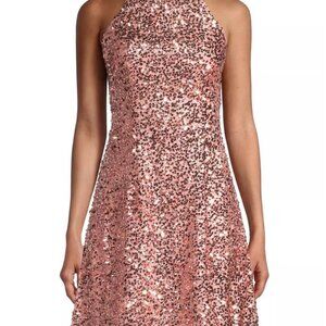 Women's Pink Sequin Party Cocktail Formal Dress Halter-Neck Back-Zip Medium